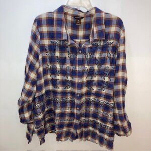 MULTIPLES BLUE WHITE PLAID BUTTON EMBROIDERED BLOUSE SHIRT 3X